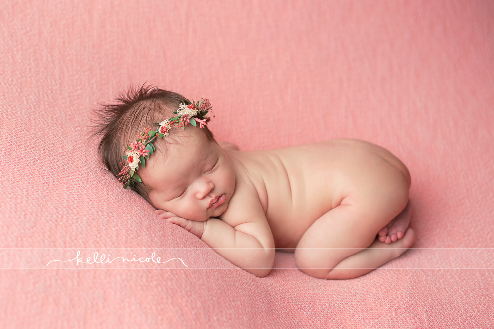 posed, newborn, photography, session, photo shoot, houston, texas, kelli nicole photography, baby girl, color, newborn photography, houston newborn photographer, studio, newborn boy, newborn posing, newborn photography tutorial, studio newborn lighting, paul c buff einstein lighting, baby girl, pink newborn, pink backdrop, floral crown