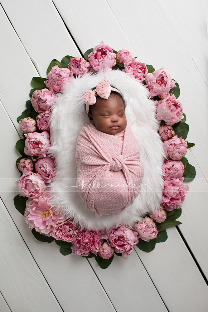 posed, newborn, photography, session, photo shoot, houston, texas, kelli nicole photography, baby girl, newborn photography, houston newborn photographer, studio, newborn girl, newborn posing, newborn photography, studio newborn lighting, paul c buff einstein lighting, newborn photographer houston, four weeks old newborn, pink, peonies, floral wreath 